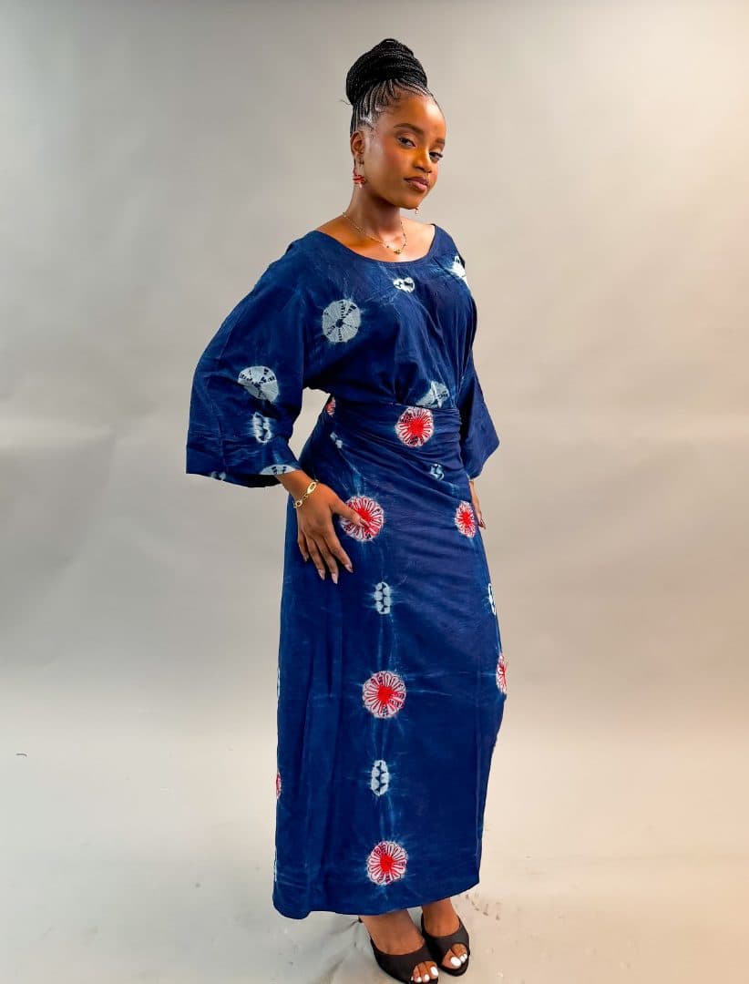 Model wearing the navy Iro and Buba with embroidery
