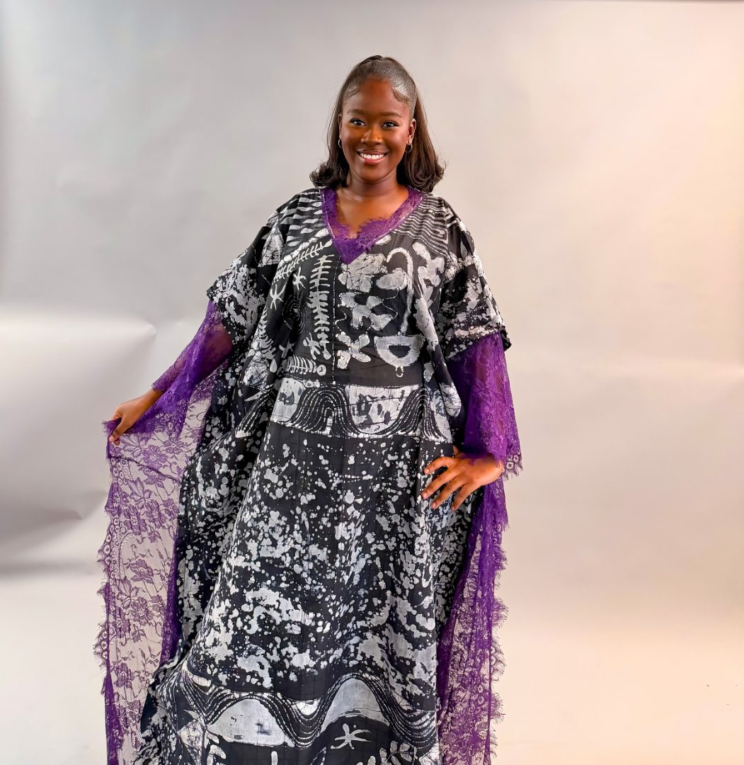 Model wearing the Maxi Dress with Chantilly in purple